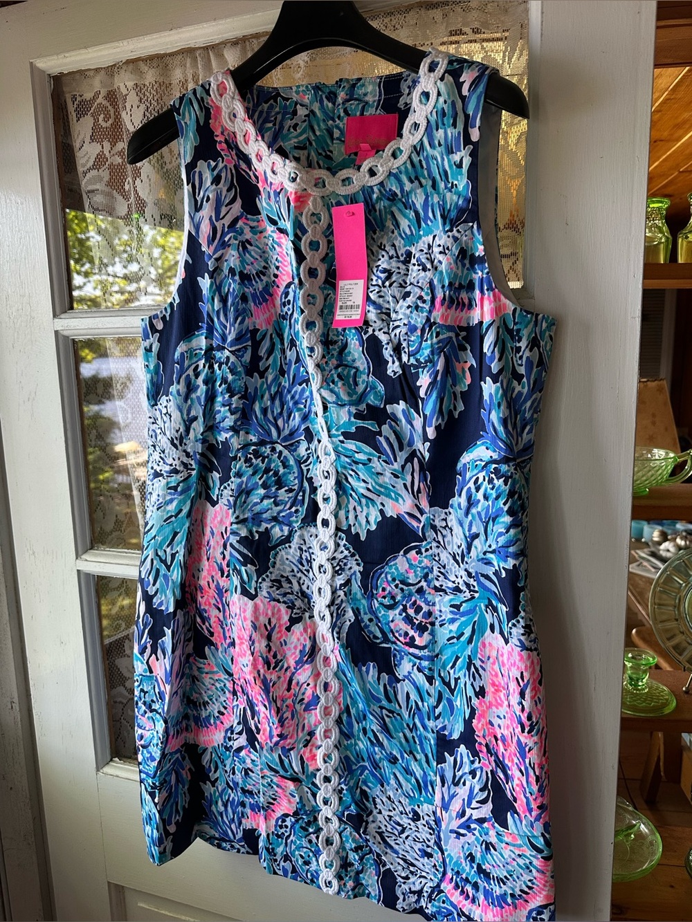 Lilly Pulitzer shift dress.  Navy blue with seascape.